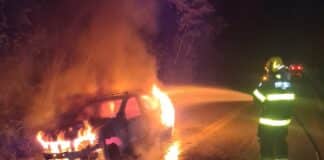 Bombeiros combatem incêndio em veículo na MG-129